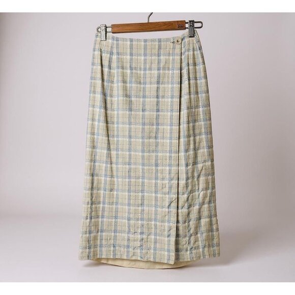Vintage Talbots Linen Blend Wrap Skirt Size 8 Blue Beige Check Plaid Midi USA - Picture 1 of 14
